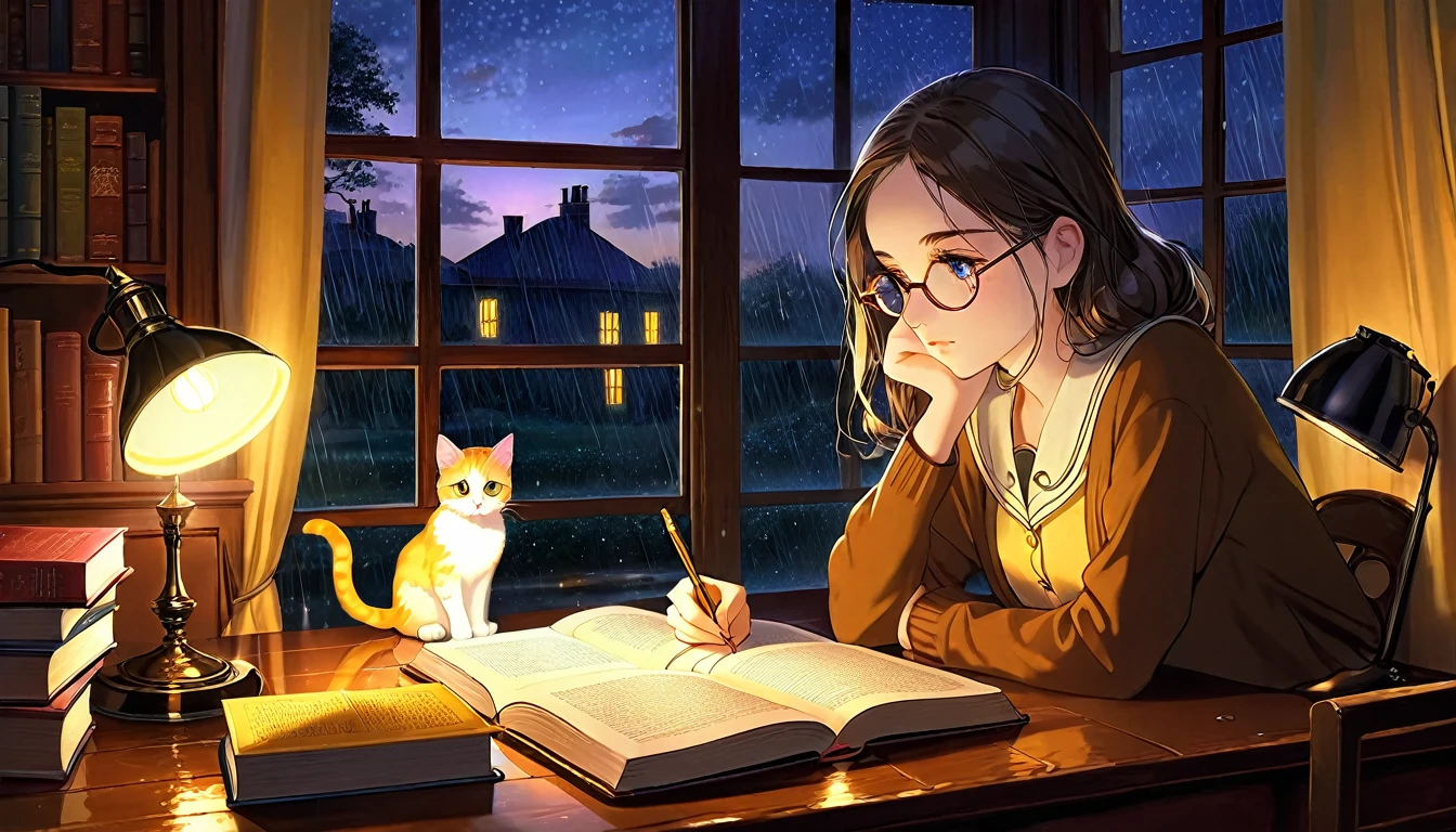 Masterpiece, Best quality, 1girl, Cozy corner, Jumble of books, Profound study, Desk lamp, Yellow glow, Peaceful ambiance, Quiet night, Window, Tranquil countenance, Intensity of concentration, Composed posture, Inquisitive eyes, Subtle tilt, Nimble fingers, Timeworn margins, Sultry aura, Silent focus, Deep in thought, Scholar, Old world wisdom, Intellectual, Thoughtful, Pensive, Well-read, Intellect, Knowledgeable, Wisdom seeker, Glimpse into the mind, Soaking up the knowledge, Absorbing the information.
A girl, enscon,evening,rainy,with cat,