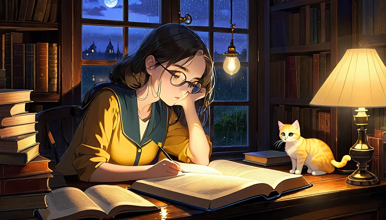 Masterpiece, Best quality, 1girl, Cozy corner, Jumble of books, Profound study, Desk lamp, Yellow glow, Peaceful ambiance, Quiet night, Window, Tranquil countenance, Intensity of concentration, Composed posture, Inquisitive eyes, Subtle tilt, Nimble fingers, Timeworn margins, Sultry aura, Silent focus, Deep in thought, Scholar, Old world wisdom, Intellectual, Thoughtful, Pensive, Well-read, Intellect, Knowledgeable, Wisdom seeker, Glimpse into the mind, Soaking up the knowledge, Absorbing the information.
A girl, enscon,evening,rainy,with cat,