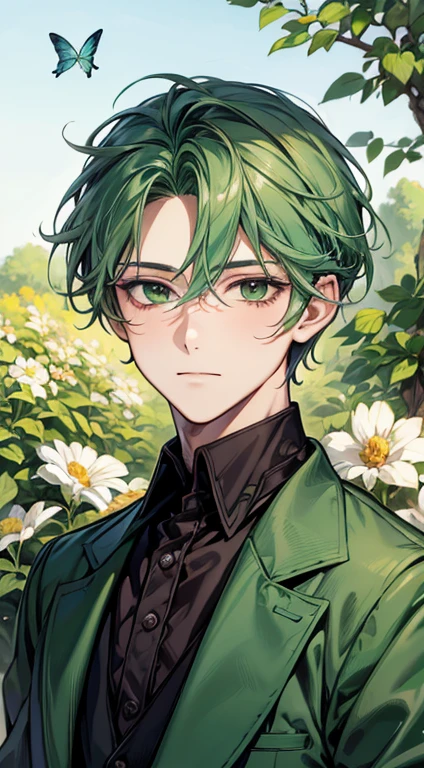 (highest quality, masterpiece, Hyperrealism), A portrait of a handsome, cheerful boy with a soft and calm expression, Background landscape with a garden with flowers and butterflies flying around, Green Hair.anime