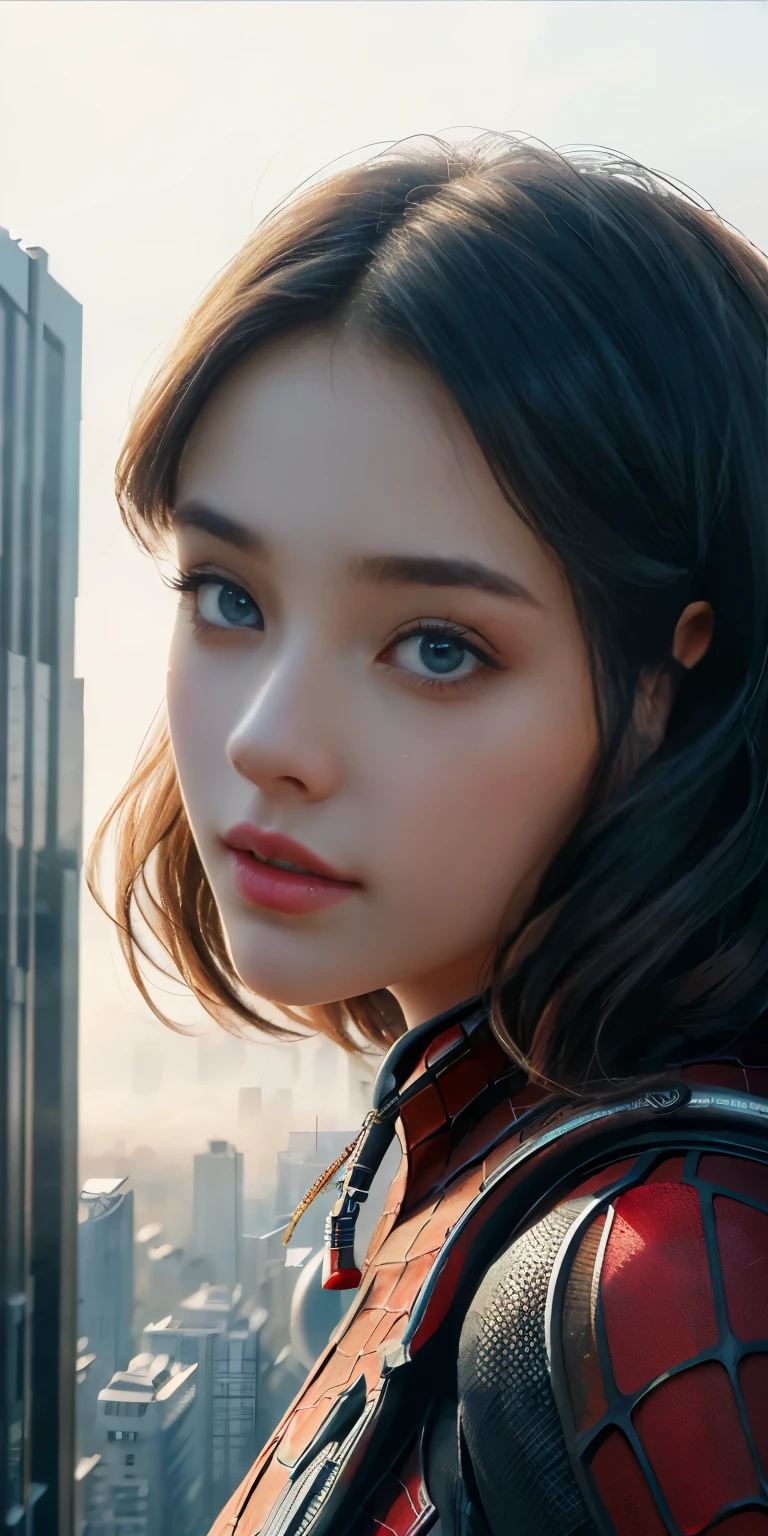 (1girl:1.3), Solo, (((Very detailed face)))), ((Very detailed eyes and face)))), Beautiful detail eyes, Body parts__, Official art, Unified 8k wallpaper, Super detailed, beautiful and beautiful, beautiful, masterpiece, best quality, original, masterpiece, super fine photo, best quality, super high resolution, realistic realism, sunlight, full body portrait, amazing beauty, dynamic pose, delicate face, vibrant eyes, (from the front), She wears Spider-Man suit, red and black color scheme, spider, very detailed city roof background, rooftop, overlooking the city, detailed face, detailed complex busy background, messy, gorgeous, milky white, highly detailed skin, realistic skin details, visible pores, clear focus, volumetric fog, 8k uhd, DSLR, high quality, film grain, fair skin, photo realism, lomography, futuristic dystopian megalopolis, translucent naked