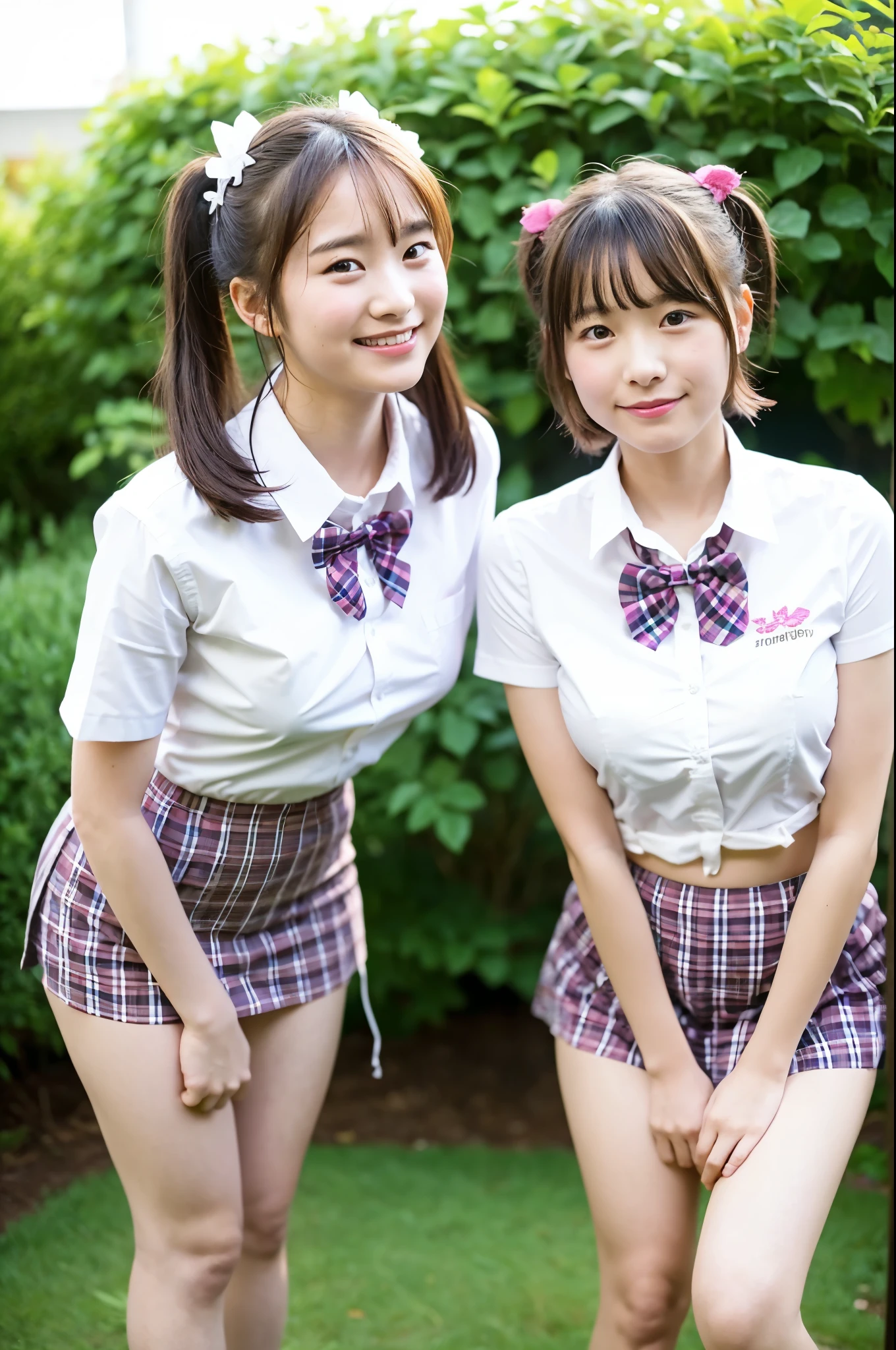 2 girls in school garden,white shirt with pink plaid bow tie,white thong,18-year-old,bangs,a little smile,thighs,knees,short hair and low pigtails with barrette,from below,front light