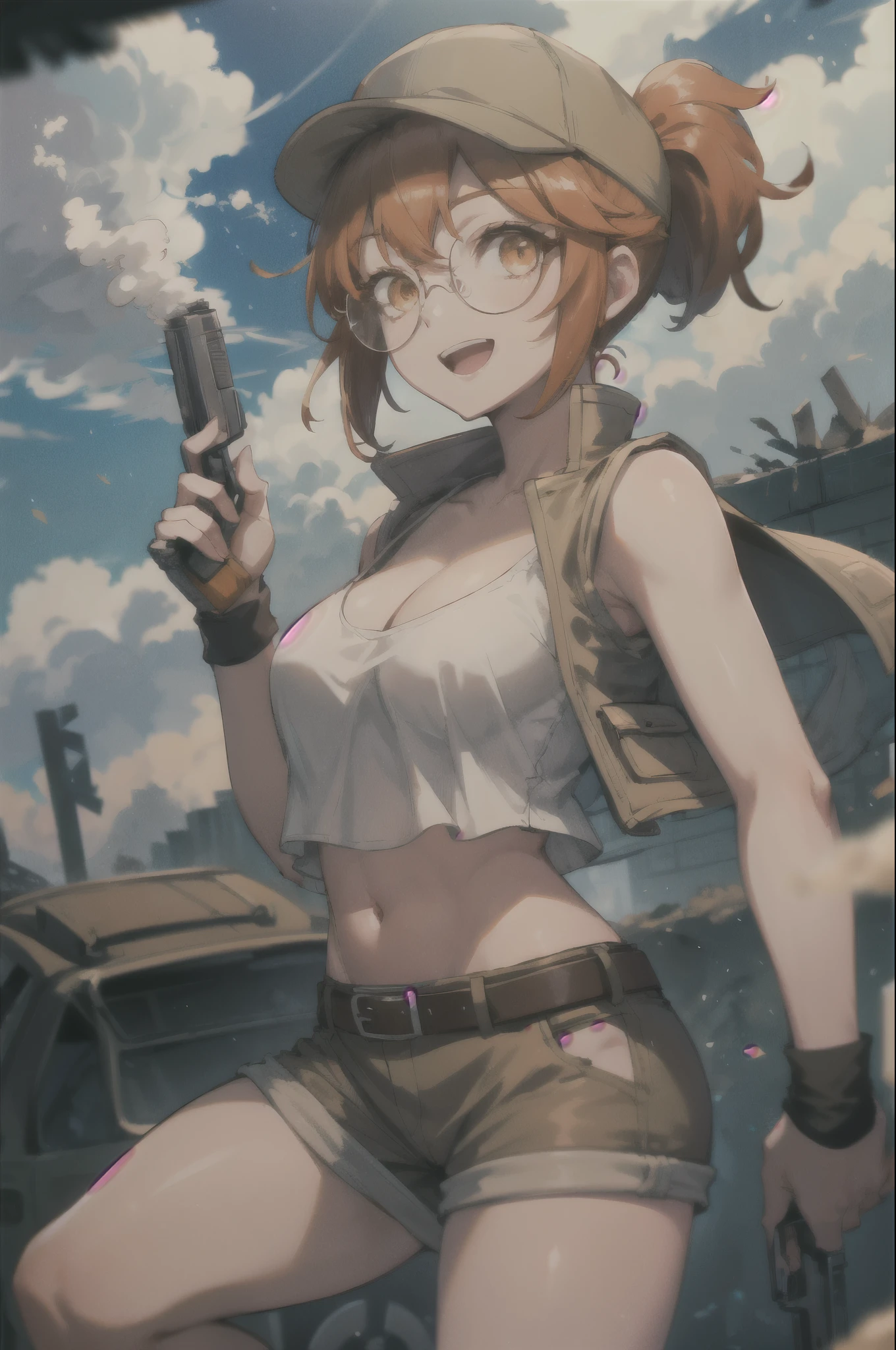 ((topless)), nsfw, masterpiece, 1 girl, erect nipples, intricately detailed, navel, bare shoulders, brown hair, hard hat, construction site, towel on neck, wiping sweat, baggy pants, cargo pants, extremely detailed, bare breasts, puffy nipples, green eyes, bare stomach, sweaty, medium breasts, arm strap, cowboy shot, holding sledgehammer, teen, chain, soft eyes, smiling, day, belt, rubble