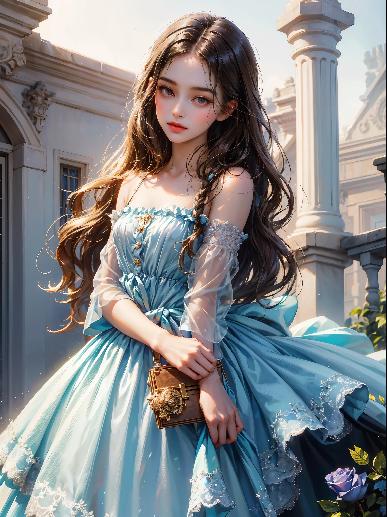 A girl, long brown hair, small breast, no bangs and crystalline grays eyes. She wears a sky blue sundress, beautiful girl, detailed eyes, detailed face, detailed hands. She looks at the viewer. She os standing. She has in her hand a black rose. Background a old orphanage.