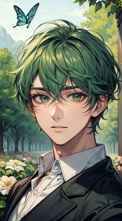 (highest quality, masterpiece, Hyperrealism), A portrait of a handsome, cheerful boy with a soft and calm expression, Background landscape with a garden with flowers and butterflies flying around, Green Hair.anime
