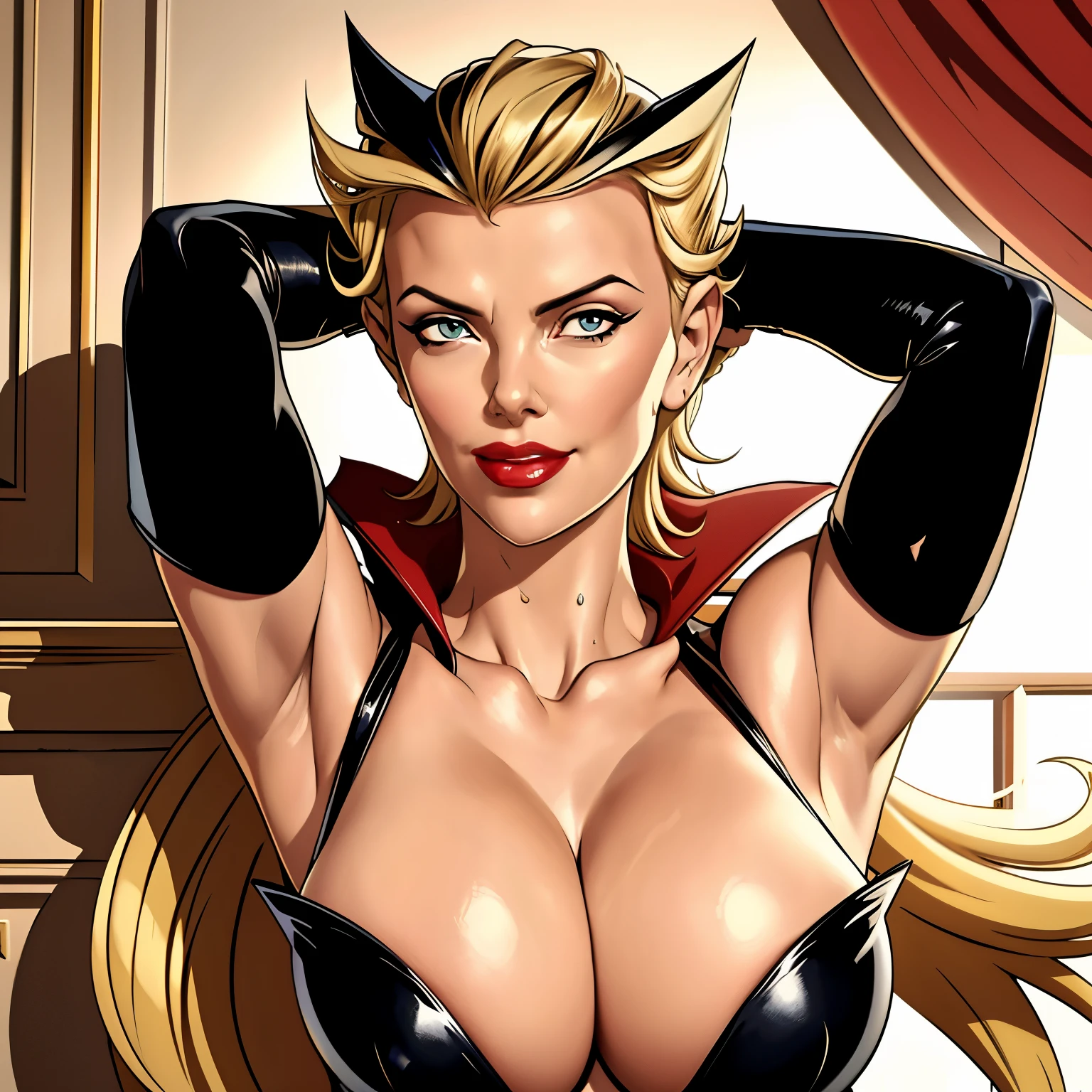 ((highest quality)), ((masterpiece)), (be familiar with), (High definition), Cinematic, (Complex:1.4), Best Shadow, Side lighting, 8K, ((Charlize Theron)), ((Doronjo)), Perfect Face, Detailed, (Accurate hand and finger depiction), ((Doronjoのマスクとコスチューム)), (Blonde Long Hair), Beautifully long red nails, deep red lipstick, (Voluptuous body), (Large Breasts)、(Cleavage), Narrow waist, Big Ass, Alluring, glamorous, Smile, ((Arms crossed)), (Chest up:1.2), Flattering pig