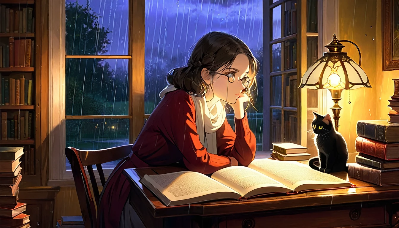 Masterpiece, Best quality, 1girl, Cozy corner, Jumble of books, Profound study, Desk lamp, Yellow glow, Peaceful ambiance, Quiet night, Window, Tranquil countenance, Intensity of concentration, Composed posture, Inquisitive eyes, Subtle tilt, Nimble fingers, Timeworn margins, Sultry aura, Silent focus, Deep in thought, Scholar, Old world wisdom, Intellectual, Thoughtful, Pensive, Well-read, Intellect, Knowledgeable, Wisdom seeker, Glimpse into the mind, Soaking up the knowledge, Absorbing the information.
A girl, enscon,evening,rainy,with cat,