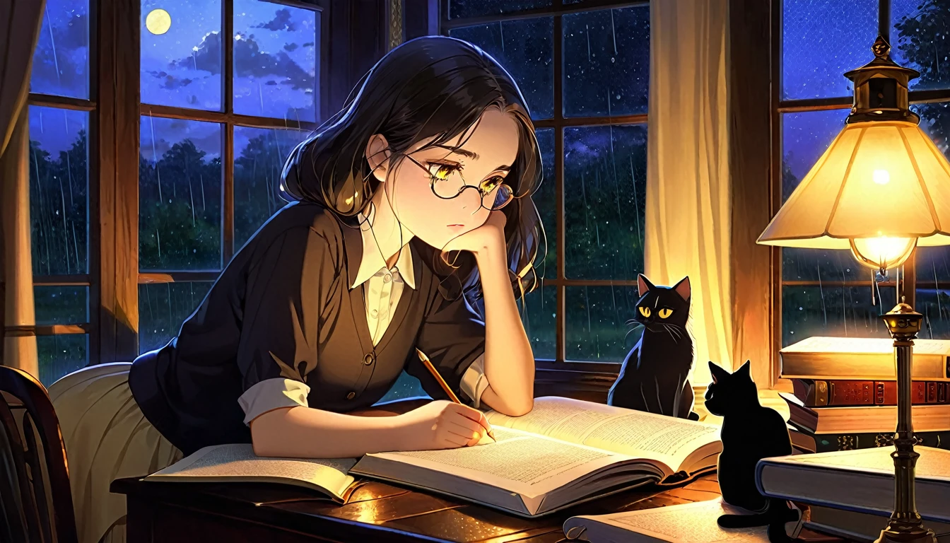 Masterpiece, Best quality, 1girl, Cozy corner, Jumble of books, Profound study, Desk lamp, Yellow glow, Peaceful ambiance, Quiet night, Window, Tranquil countenance, Intensity of concentration, Composed posture, Inquisitive eyes, Subtle tilt, Nimble fingers, Timeworn margins, Sultry aura, Silent focus, Deep in thought, Scholar, Old world wisdom, Intellectual, Thoughtful, Pensive, Well-read, Intellect, Knowledgeable, Wisdom seeker, Glimpse into the mind, Soaking up the knowledge, Absorbing the information.
A girl, enscon,evening,rainy,with cat,