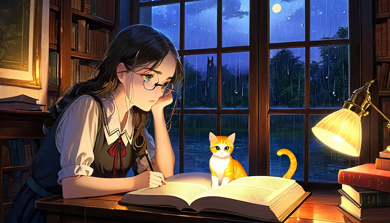 Masterpiece, Best quality, 1girl, Cozy corner, Jumble of books, Profound study, Desk lamp, Yellow glow, Peaceful ambiance, Quiet night, Window, Tranquil countenance, Intensity of concentration, Composed posture, Inquisitive eyes, Subtle tilt, Nimble fingers, Timeworn margins, Sultry aura, Silent focus, Deep in thought, Scholar, Old world wisdom, Intellectual, Thoughtful, Pensive, Well-read, Intellect, Knowledgeable, Wisdom seeker, Glimpse into the mind, Soaking up the knowledge, Absorbing the information.
A girl, enscon,evening,rainy,with cat,