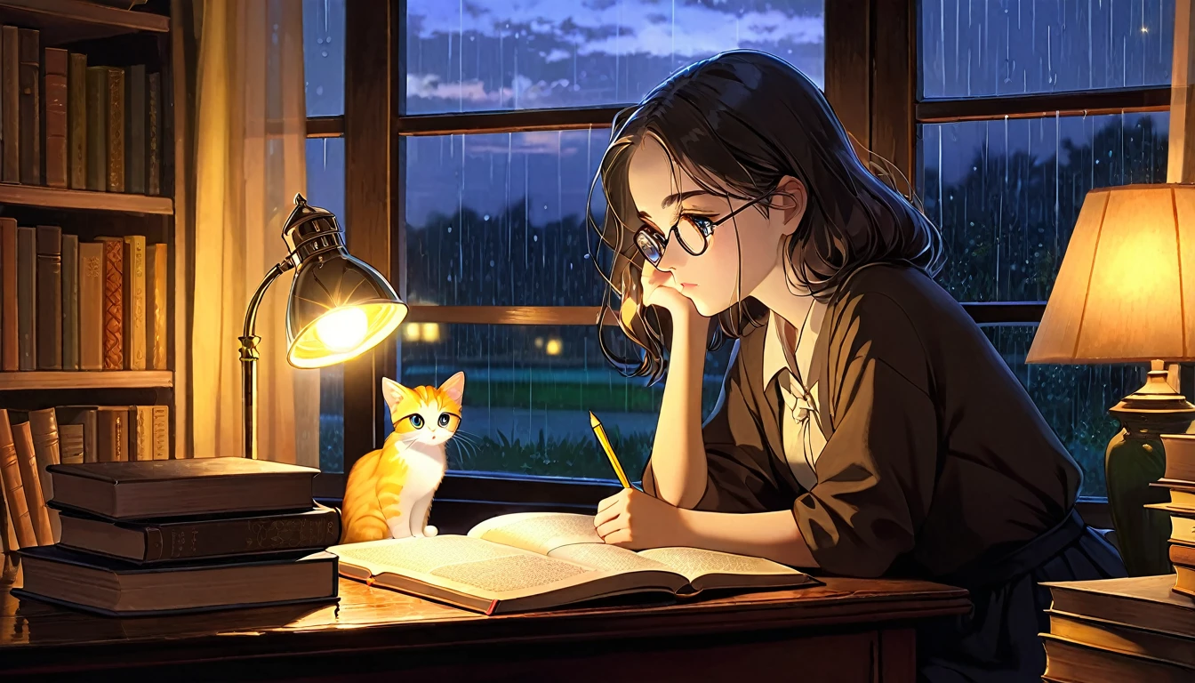 Masterpiece, Best quality, 1girl, Cozy corner, Jumble of books, Profound study, Desk lamp, Yellow glow, Peaceful ambiance, Quiet night, Window, Tranquil countenance, Intensity of concentration, Composed posture, Inquisitive eyes, Subtle tilt, Nimble fingers, Timeworn margins, Sultry aura, Silent focus, Deep in thought, Scholar, Old world wisdom, Intellectual, Thoughtful, Pensive, Well-read, Intellect, Knowledgeable, Wisdom seeker, Glimpse into the mind, Soaking up the knowledge, Absorbing the information.
A girl, enscon,evening,rainy,with cat,