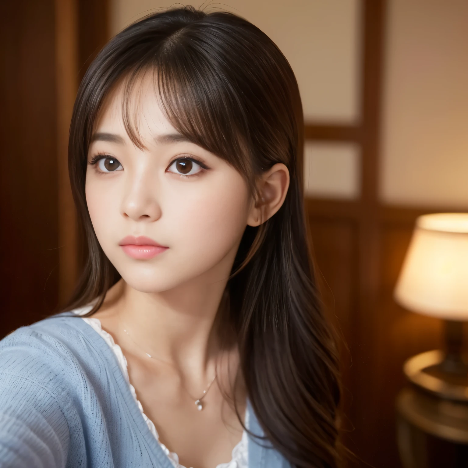 Selfie, Best-quality, Masterpiece, Ultra-High-Resolution, (Photorealistic:1.4), Raw-Photo, extremely-details, perfect-anatomy, depth of field, professional-lighting, the most famous Japanese idol, the most cute face, ((the most cute and thd most big black-eyes)), the most cute hairstyle, the most beautiful hair, the most beautiful skins, the most cute long-eyelashes, the most cute lips