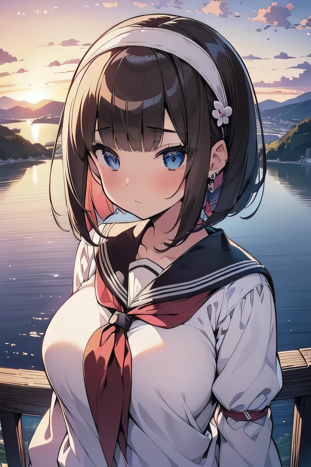 (best quality), (Super detailed), (Best Illustration), (masterpiece), (woman), upper body, (white serafuku), (large breasts),  {(detailed eyes), blue eyes}, {brown hair, (sideburns), (bob cut:1.3), curly hair, hairs between eyes, colored inner hair}, blush, earring, hair band, wind, beautiful sky, (a panoramic view:1.5)