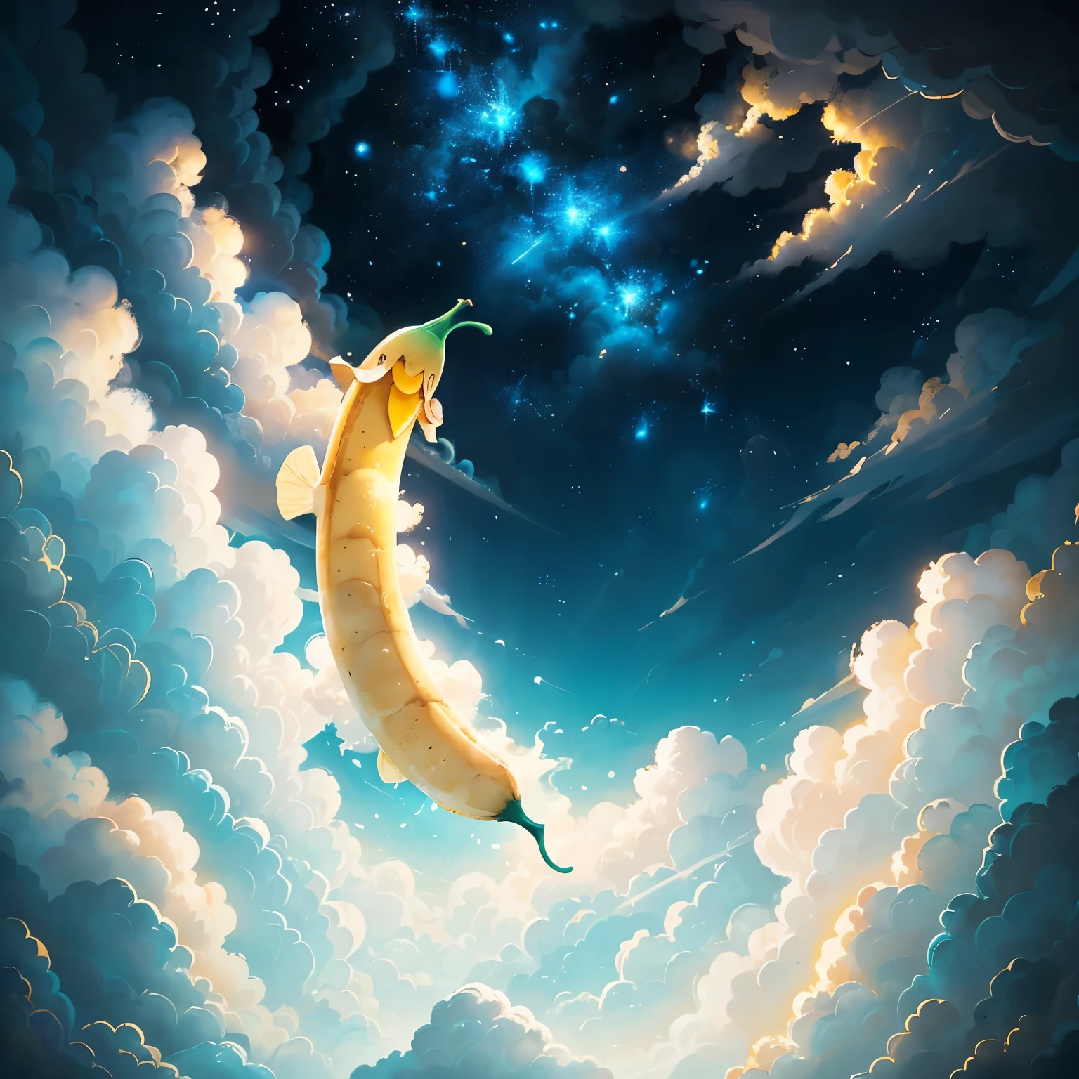 Animated illustration of a cheerful banana floating in the sky on a fluffy, white cloud with meticulously detailed textures and intricate patterns. The cloud's soft edges and wispy tendrils exude a dreamlike and whimsical atmosphere, as the banana's vibrant yellow peel emits a warm and inviting glow, radiating joy and excitement. Stars twinkle brightly around the banana, their cold, blue light contrasting beautifully with the banana's yellow hue. The intricately detailed textures of the cloud and the banana's skin add depth and dimension to the scene, immersing the viewer in a fantastical and enchanting