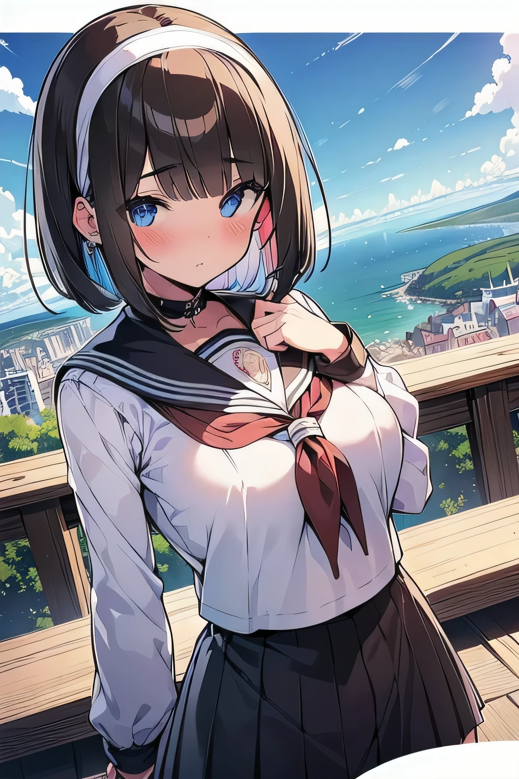 (best quality), (Super detailed), (Best Illustration), (masterpiece), (woman), upper body, (white serafuku), (large breasts),  {(detailed eyes), blue eyes}, {brown hair, (sideburns), (bob cut:1.3), curly hair, hairs between eyes, colored inner hair}, blush, earring, hair band, wind, beautiful sky, (a panoramic view:1.5)