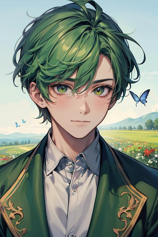 (highest quality, masterpiece, Hyperrealism), A portrait of a handsome, cheerful boy with a soft and calm expression, Background landscape with a garden with flowers and butterflies flying around, Green Hair.anime