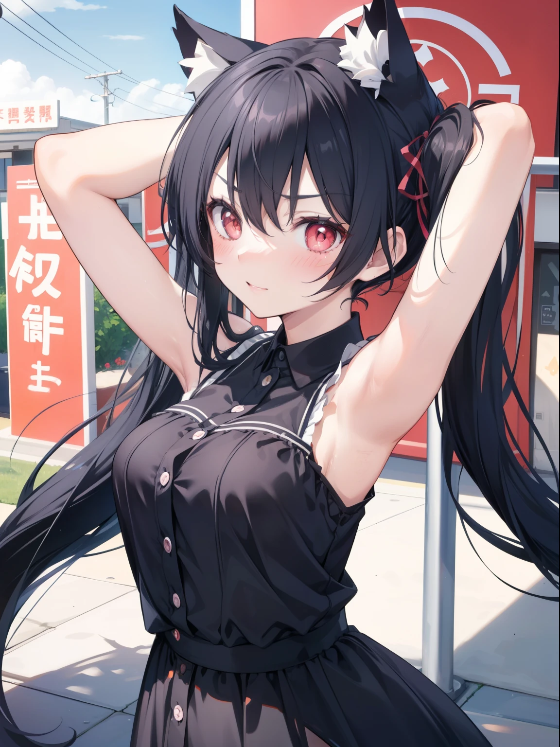 Kuromi Celica、Good looking girl (blush, Perfect Face), independent , Looking at the camera, masterpiece, Anime art style, Cute Characters, Most detailed, high quality、Nico Nico Smile、Showing armpits、Black Hair、Twin tails、Cat ear