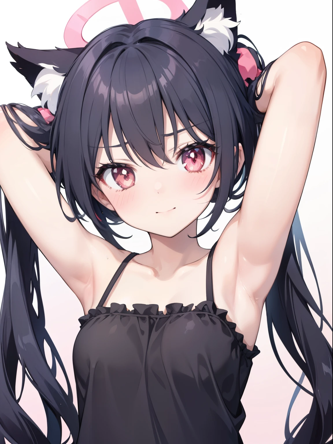 Kuromi Celica、Good looking girl (blush, Perfect Face), independent , Looking at the camera, masterpiece, Anime art style, Cute Characters, Most detailed, high quality、Nico Nico Smile、Showing armpits、Black Hair、Twin tails、Cat ear