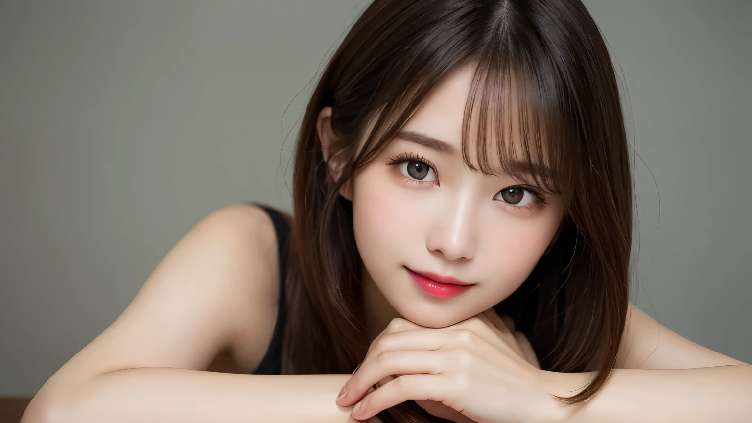 on the table, best quality, shape, Super detailed, Finely, high resolution, 8k wallpaper, 完璧なダイナミックな構shape, Beautiful and delicate eyes, Medium Length Hair, Small Breasts, Natural lipstick, Casual sexy pose,Smile,20 year old girl、midnight、Beautiful and detailed face、Perfect beautiful face,big eyes、original photo、Use the whole body to express female posture、Beautiful and delicate eyes、Small face、Beautiful duplex、Facelift and style,skirt、Beautiful golden ratio face,Long hair