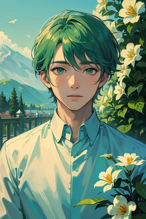 (highest quality, masterpiece, Hyperrealism), A portrait of a handsome, cheerful boy with a soft and calm expression, Background landscape with a garden with flowers and butterflies flying around, Green Hair.anime