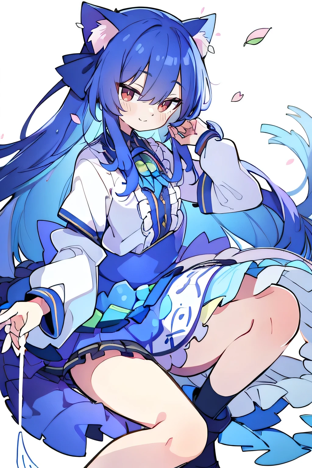 (masterpiece:1.2),Super detailed,lifelike,Expressive eyes,fair skin,perfect face shape,1 girl,
Japanese comics,Gorgeous blue hair,flowing blue hair,flowing clothes,Cat ears,Petals fall,beautiful lola,Baby Angel,
Shaking head with one hand,Lying gracefully on the ground,Cross your legs,Gentle and peaceful background,The pavilion is cool and comfortable,smile.