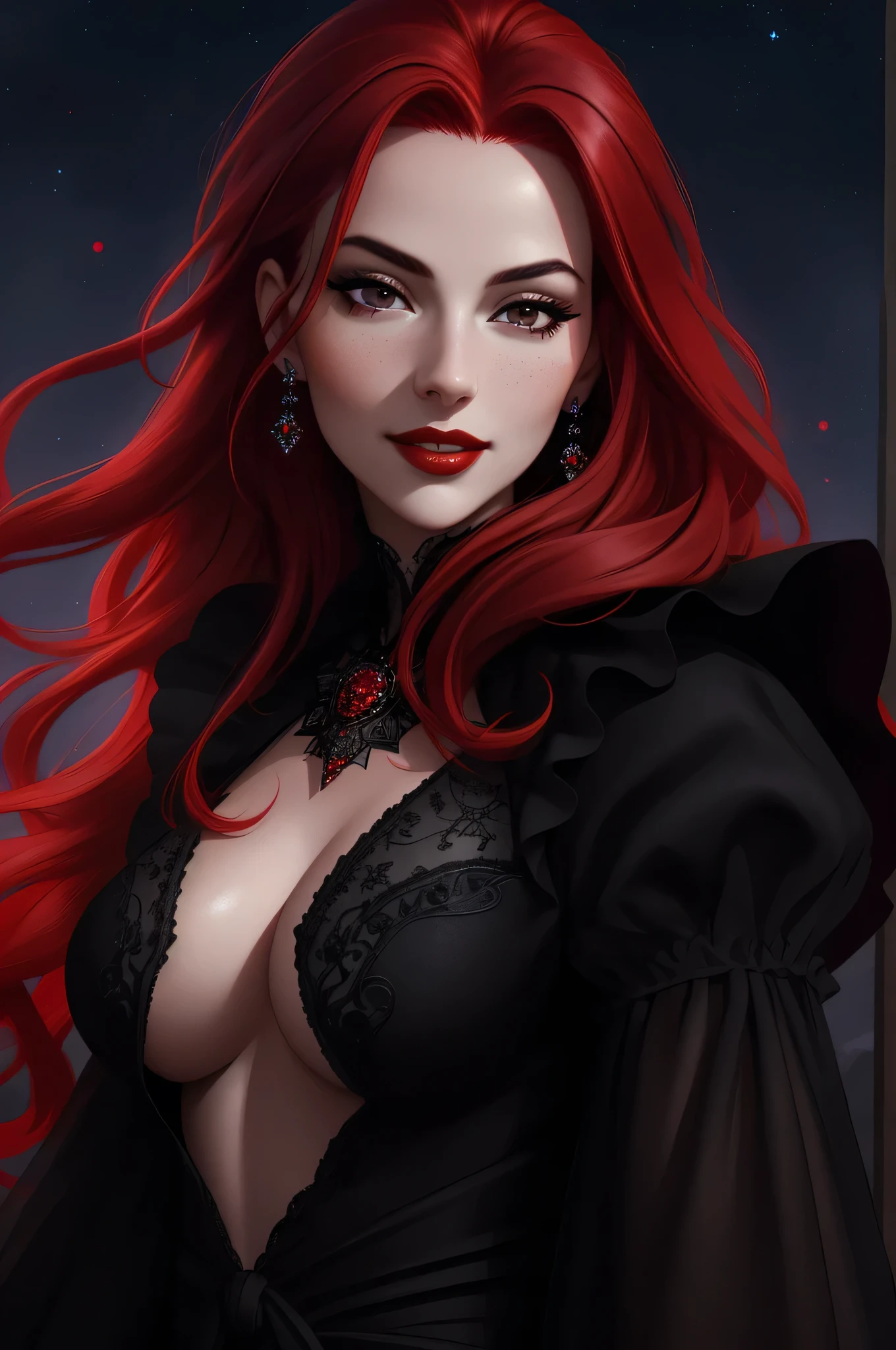  ((vivid red hair)), mature woman, 30 years old, diamond face, red starry sky background, depth of field, magic, big red lips, ((dark and black eyes)) black and red long and full dress, covered chest, mystical atmosphere, ominous shadows, Intense blue aura, Intense red aura (best quality:1.2), absurdres, intricate details, (highly detailed skin:1.2), smile expression, posing, taut and well defined body, attractive. Highly realistic, white skin, beautiful, hyperrealism, skin very elaborated, direct gaze,