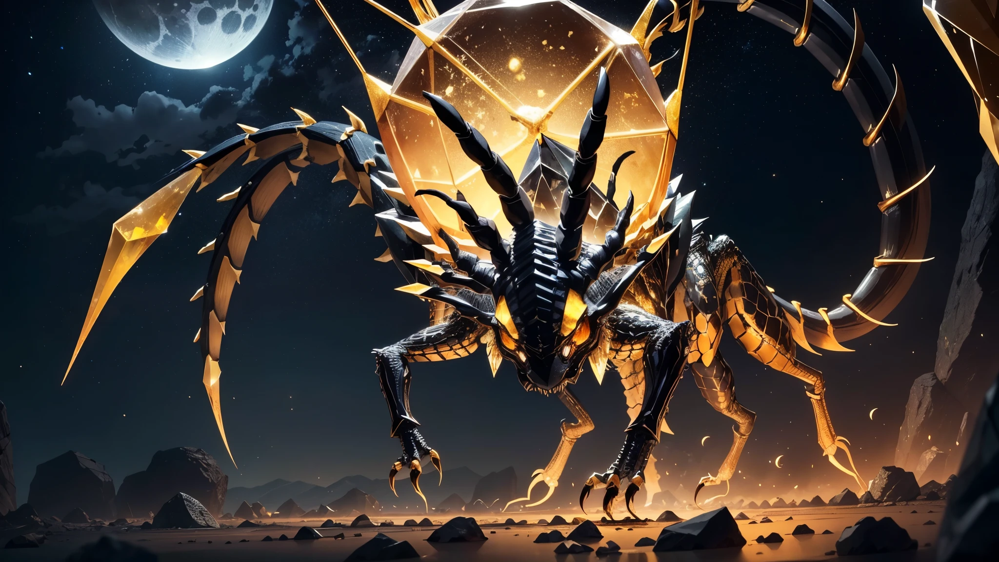 A realistic night view with a moon.。In the Dark、A giant scorpion with a body made of gold jewels、Trapped in a clear crystal。This golden scorpion is、In the crystal「It is depicted devouring another scorpion made of crystal..。The moonlight illuminates the golden scorpion's body.、The way the crystal shines is expressed fantastically..