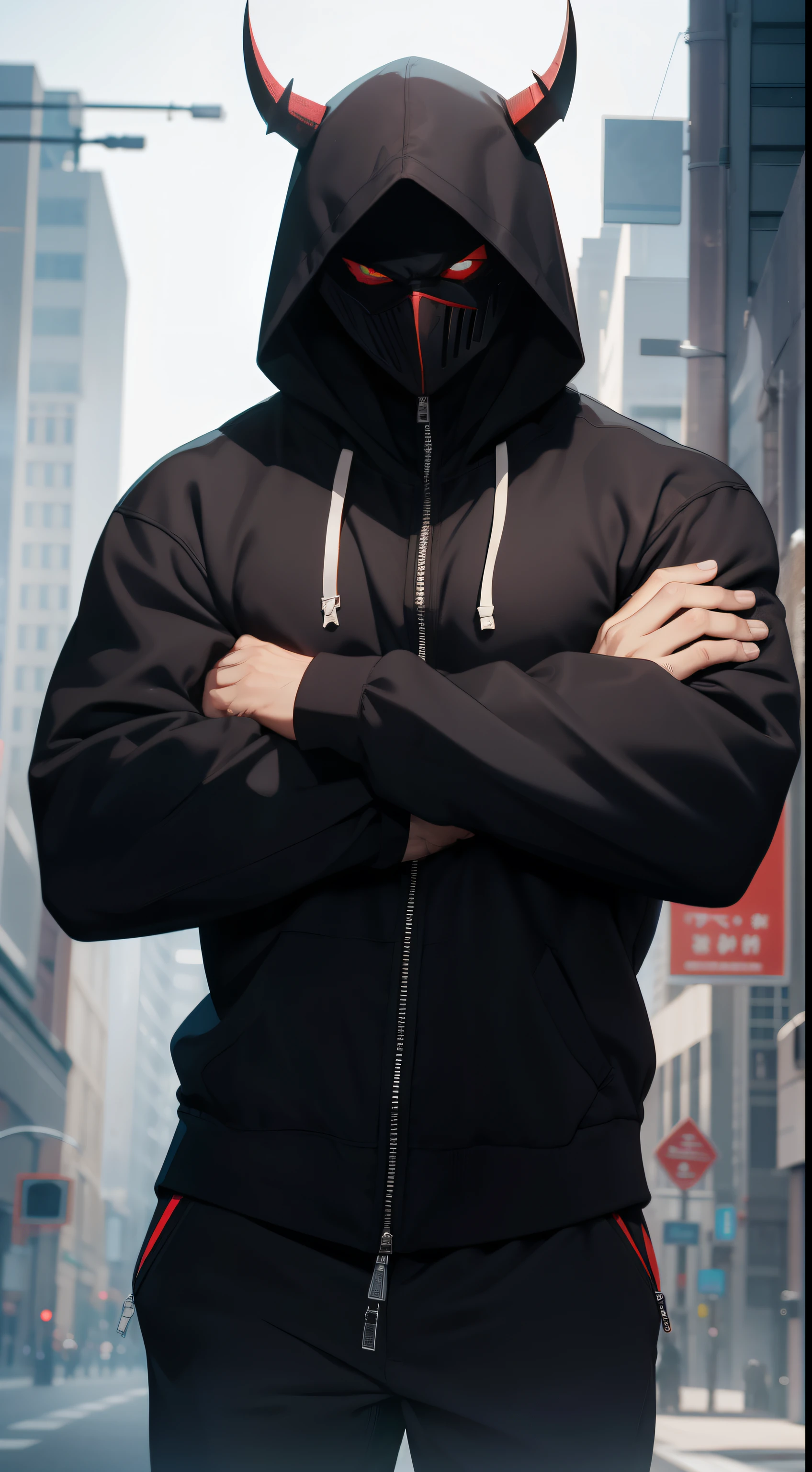 Strong man in hooded physique with devil mask