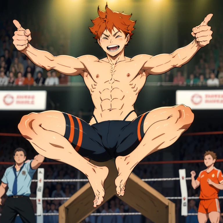 (Eine detaillierte Zeichnung von Hinata, male , Bodybuilding-Fitnessstudio.), With a naked torso, oiled body, Ripping clothes, the strongest of all, huge muscular body, big Bizeps, big shoulders, Muskelbeine,Abs, Barefoot, Kampfkunst, hoher Tritt, Full body image, seitliche Brust, Wrestling Kampf gewonnen , beserk