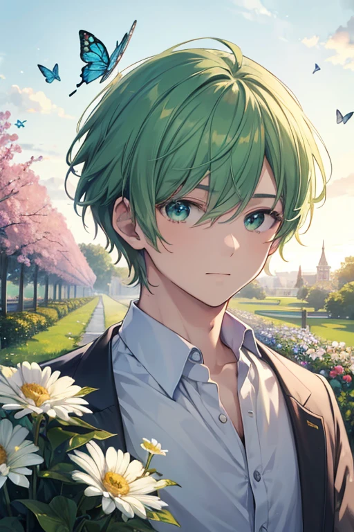 (highest quality, masterpiece, Hyperrealism), A portrait of a handsome, cheerful boy with a soft and calm expression, Background landscape with a garden with flowers and butterflies flying around, Green Hair.anime