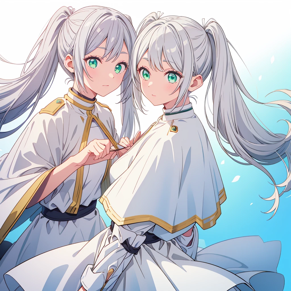Frielen、Pointed Ears, Gray Hair, Twin tails, Green Eyes, White Dress, White Cape、White background
