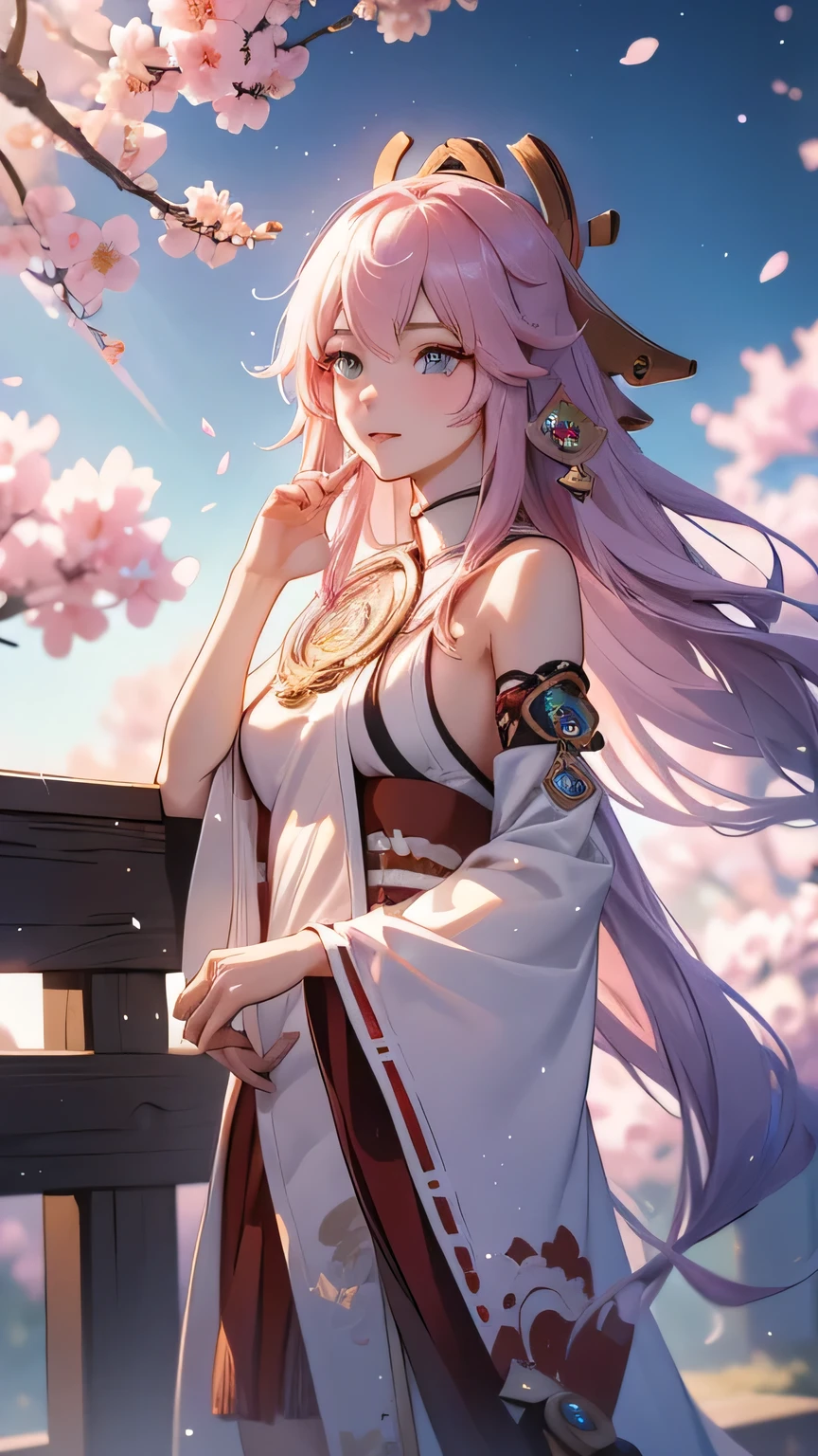 Hair ties, Falter, Long eyelashes, Round eyes, A light smile, Ear brush, tooth, Surrealism, Cast a Shadow, Anaglyph, Stereogram, tachi-e, throw, Atmospheric perspective, 8k, Super Detail, Accurate, 最high quality，girl，((Yae Miko in Genshin，Genshin Impact)), Cherry blossom petals surround her, Best Anime，Long haired anime girl holding a sword in front of a cherry blossom tree, anime art wallpaper 4k,A little bit of side boob is visible、White shrine maiden costume,((masterpiece、8k、Tabletop、RAW Photos、wonderful、最high quality、Photorealistic and very detailed CG synthesis 8k wallpaper、high quality、Very detailed、Narrative poem、Particle Effects、Dynamic Effects、Written boundary depth、Cinematic Light、Lens flare、Ray Tracing、Tabletop、Realistic:1.4、超A high resolution:1.2、Realistic、Realistic))
