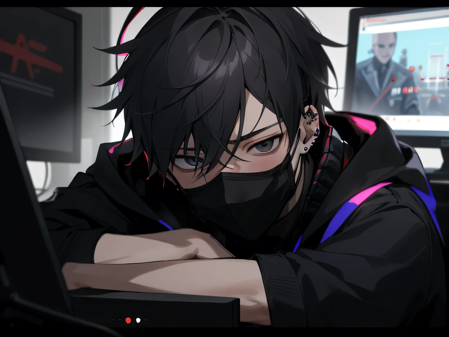 Dynamic Angle,Face close-up,One boy，Adult,(Black Mask),Tired look，Yandere,highest quality，Gamer,Facial details，,Headphones,Ear piercing,sit in front of the computer and play games, Esports Room