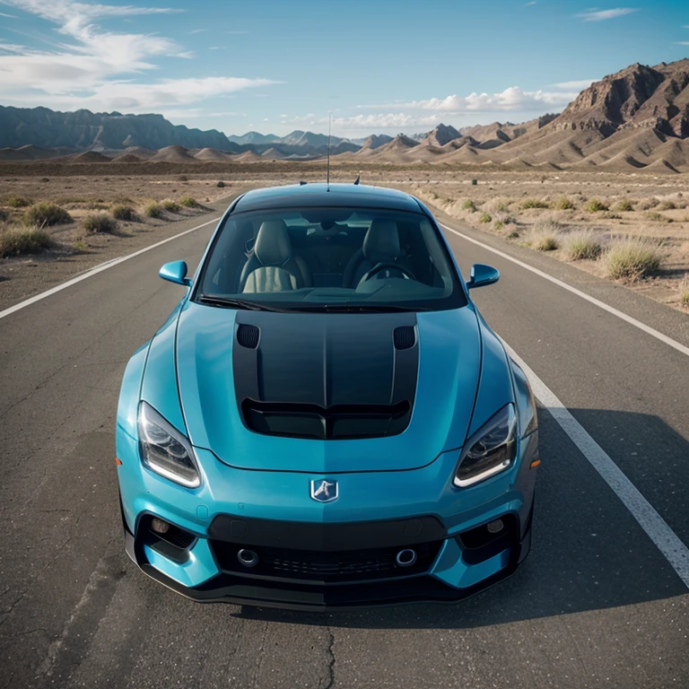 Create a futuristic turquoise blue car with a brand ( invented)