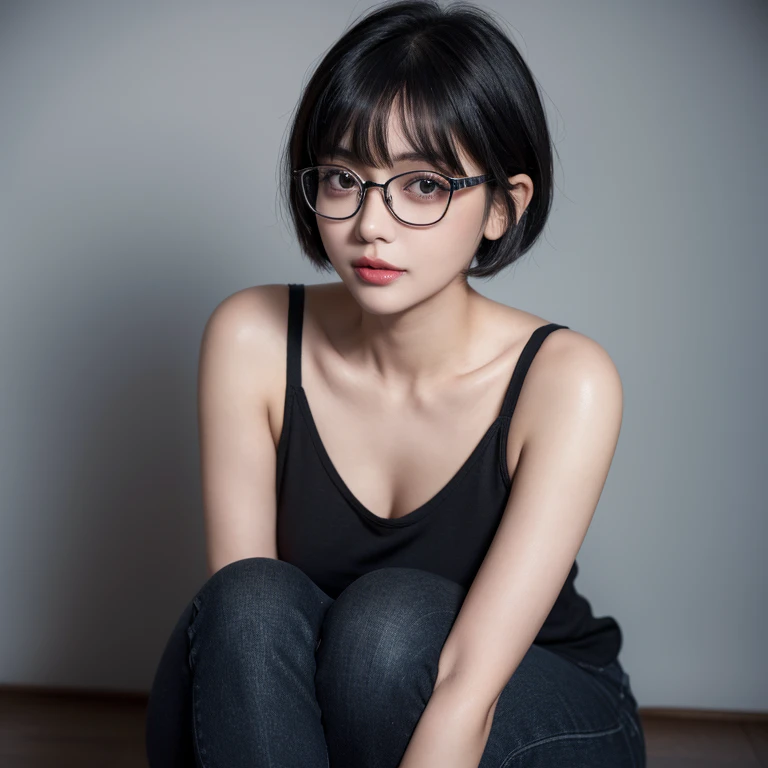 Highest quality,26 years old,woman,blunt bangs,Black Hair,Straight short hair style,Glasses with silver frames,With big eyes、Deep blue,Bright、Has a lively expression,Healthy and bright skin tone,Small mouth,Thick lips,The thighs are a little thicker,Looking at the camera,Cinema Lighting,Face enlargement