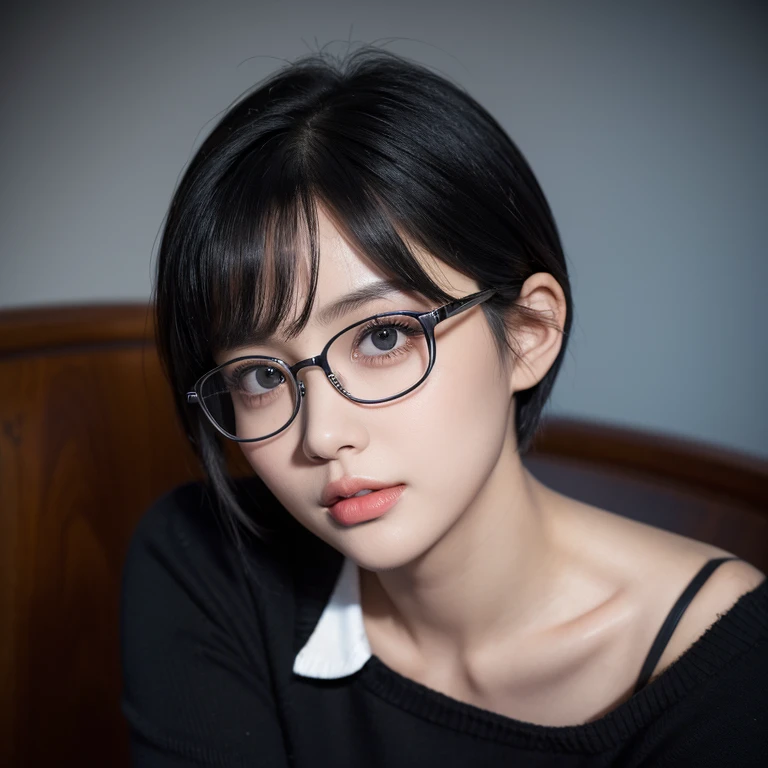 Highest quality，26 years old，woman，blunt bangs，Black Hair，Straight short hair style，Glasses with silver frames，With big eyes、Deep blue，Bright、Has a lively expression，Healthy and bright skin tone，Small mouth，Thick lips，The thighs are a little thicker，Looking at the camera，Cinema Lighting，Face enlargement