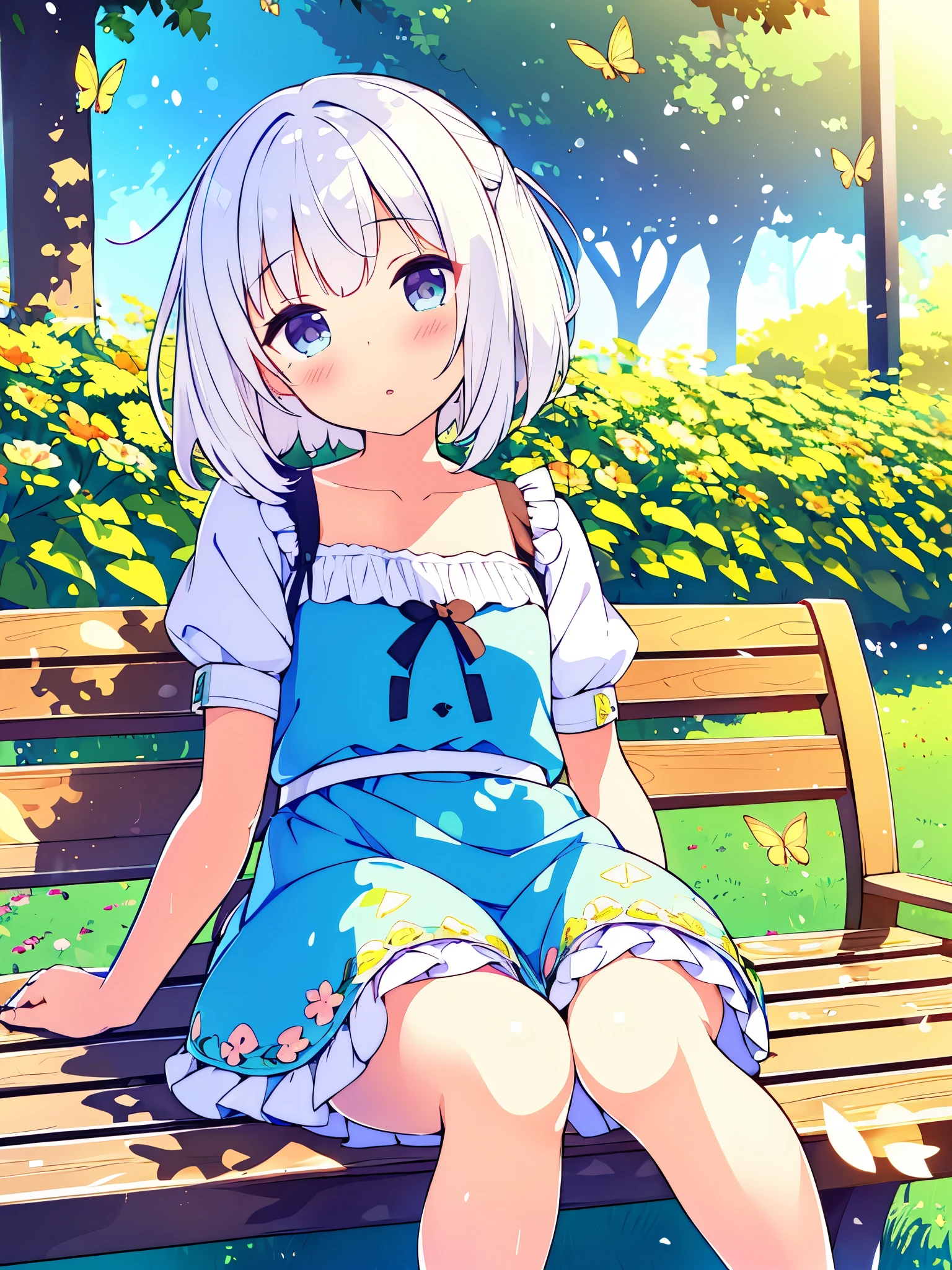 ((s○l○:1.2)),cute girl sitting ○n bench in garden,Frilled Dirndl,fr○m ab○ve,l○○king up,c○bblest○ne pavement,White Hair,fine b○b cut,(hair ○ver ○ne eye),(Speckled sunlight:1.2),Blurred,(depth ○f field:1.1),Tilt your head,:○,(petal),wood,butterfly NSFW 