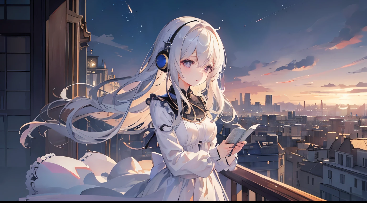 (Very detailed CG ユニティ 8k 壁紙, masterpiece, highest quality, Very detailed), (Best lighting, Best Shadow, Very delicate and beautiful), Night view, On top of a building, Depth of written boundary, Warm and cozy atmosphere,woman、reading、Headphones、Wind、Black Top