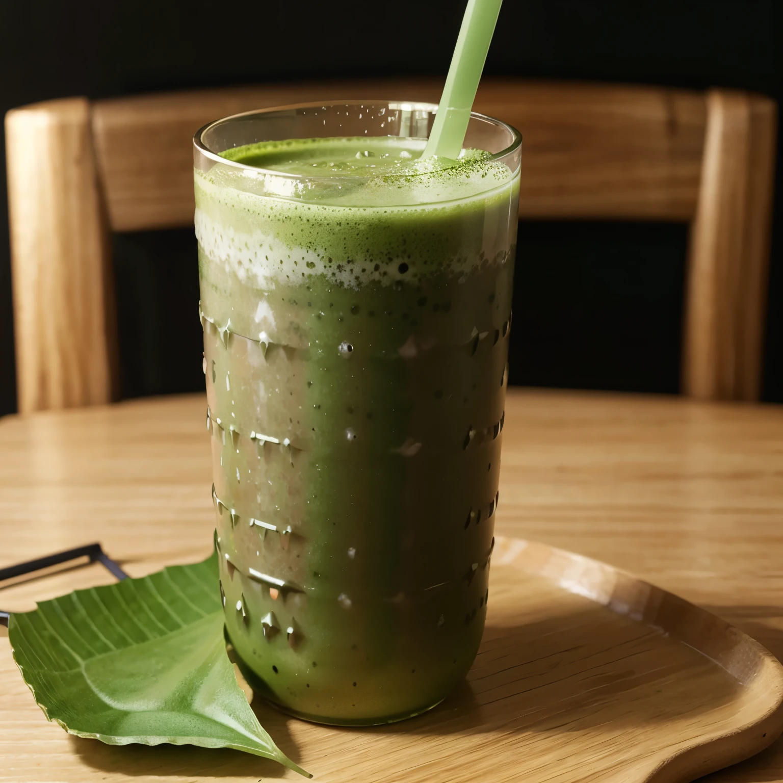 matcha flavored boba in a mica glass and only a straw