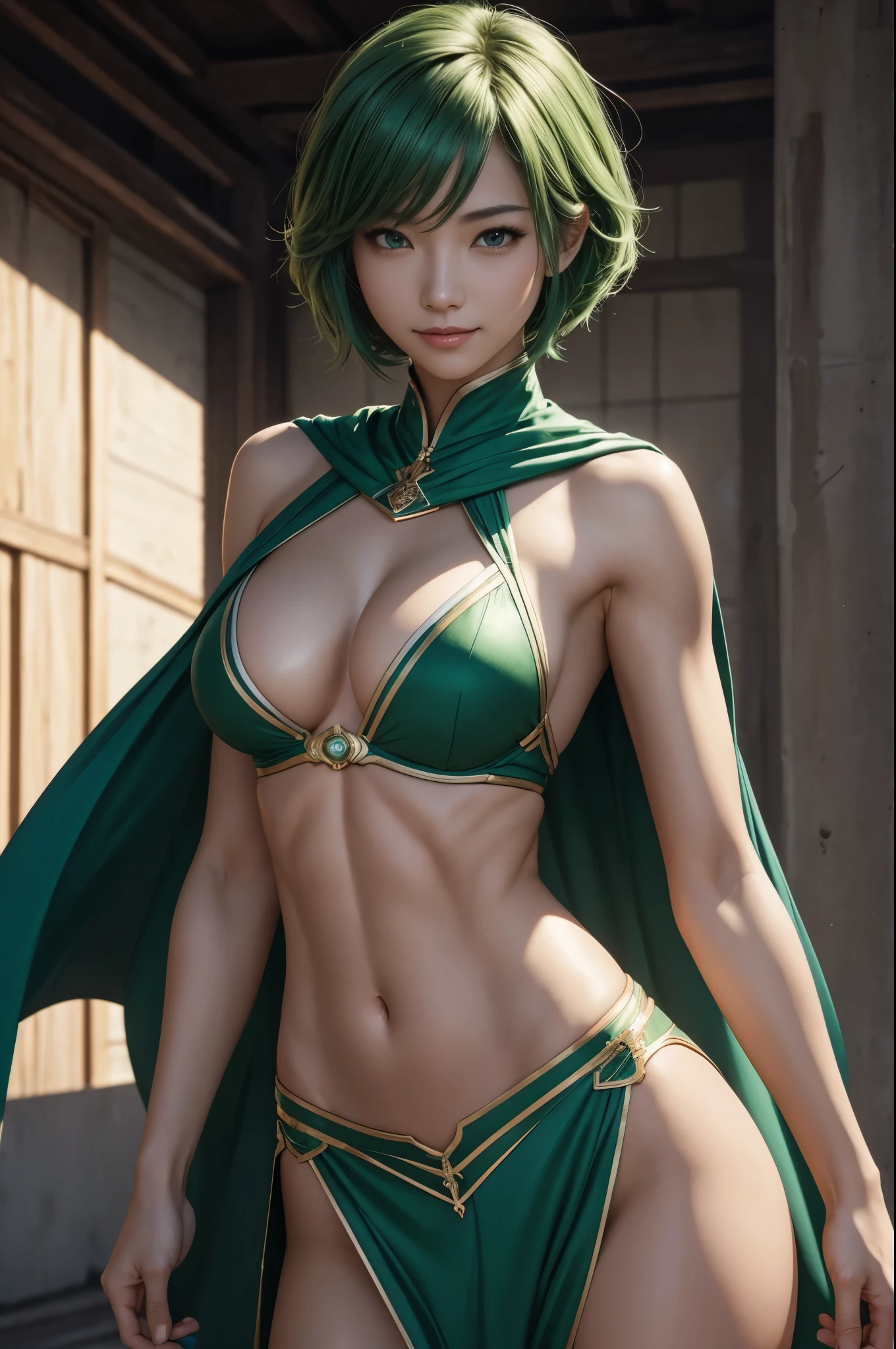 8K,Wind Lady Paladin,Super Beauty(Like the real thing),Green short bob hair,Red Eyes,Green and white chest armor,Green and white combat trousers,Green Gauntlets,lean muscular body,Hard and strong abs,Fantasy art、charm、Looking at the audience、Captivating Gaze、masterpiece,masterpiece,highest qualityのフォトリアリスティックなRAW写真。Bright colors,Rich colors, Backlight, Film Grain, 50mm lens, Nikon D850,Realistic Skin,Ultra-high resolution,Realistic scale skins,Muscular and slender figure,Very detailedなアート作品、 Detailed digital animation art、Dynamic Angle,Ultra-high resolution,Like the real thing見える肌,charm的,Active,Super Beauty,(Like the real thing),DeviantArt Artstation CGScosiety, 3D Rendering Character Art, 写真のようにリアルなPerfect body, sexy,Muscular and slim body,Muscular and toned lower body,close,masterpiece,highest qualityの写実的ななRAW写真。Bright colors,Rich colors, Backlight, Film Grain, 50mm lens, Nikon D850,,(8k,写実的なhighest quality;1.4) ,Slim figure, Perfect body, There is cleavage in the chest, Very thin hair, Pleasure Gas, Glossy Lips, 超Realistic,Cinematic, (Excellent anatomy), (Good balance), Awards, masterpiece, Centered,charm,Volume measurement,Body balance,Ultra-high resolution,Ultra-Realistic Skin,Digital single-lens reflex camera, Soft lighting, Very detailedスキン, Very detailed顔, Very detailed目, lip, Detailed Background, Written boundary depth, Excellent anatomy, (Realistic, 超Realistic:1.4), 16K HDR, The abdominal muscles are intense and defined,Very detailed、masterpiece、highest quality、Dynamic Angle、Film Grain、Best Shadow、delicate、Particles of light、Observe the audience、Cinema Lighting、battlefield,smile,Close-up,Battle Mode,smile,Green Cape,Green short bob hair,