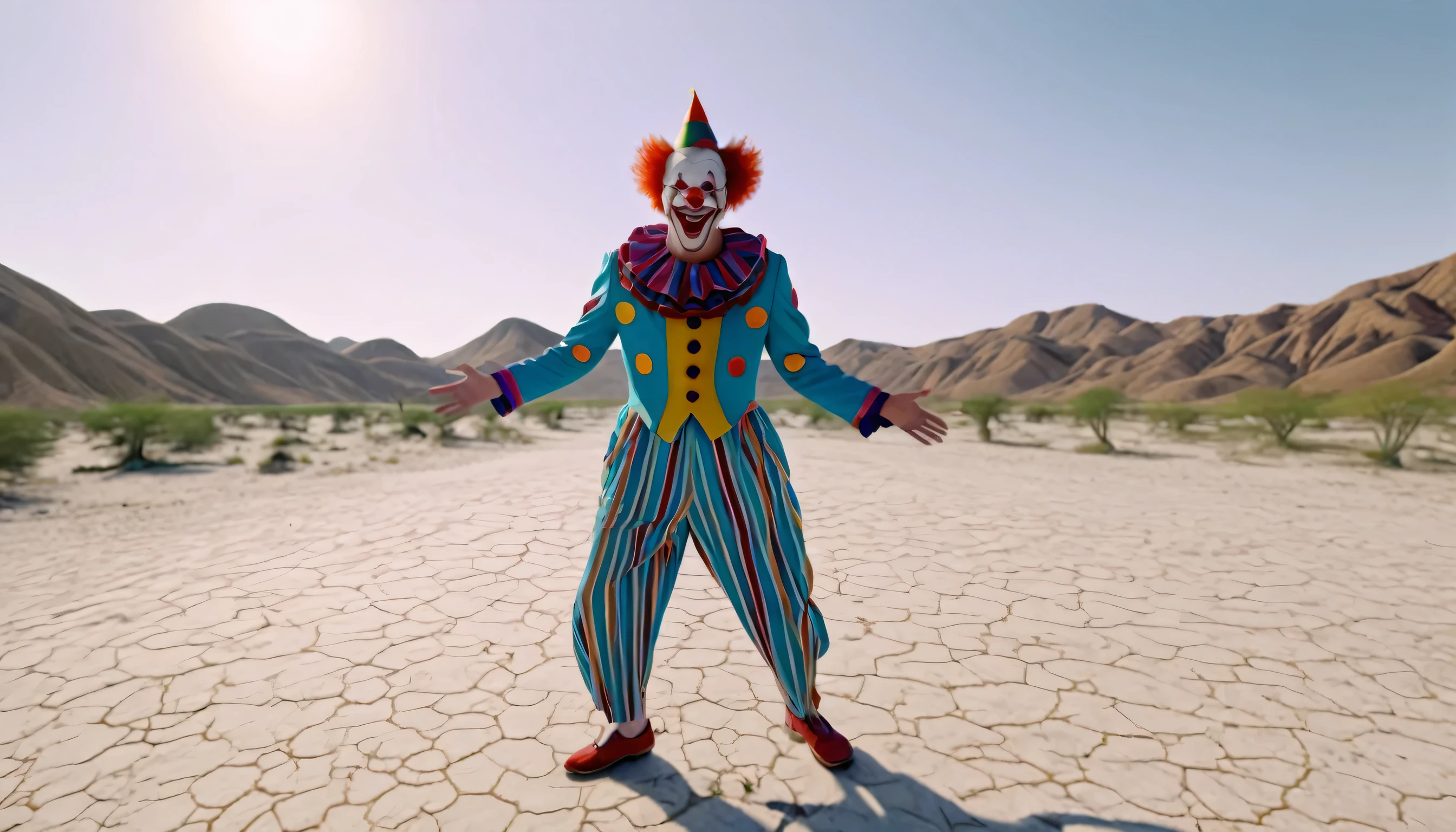 A crazy clown laughing in the middle of the desert, 8k, ultra realistic