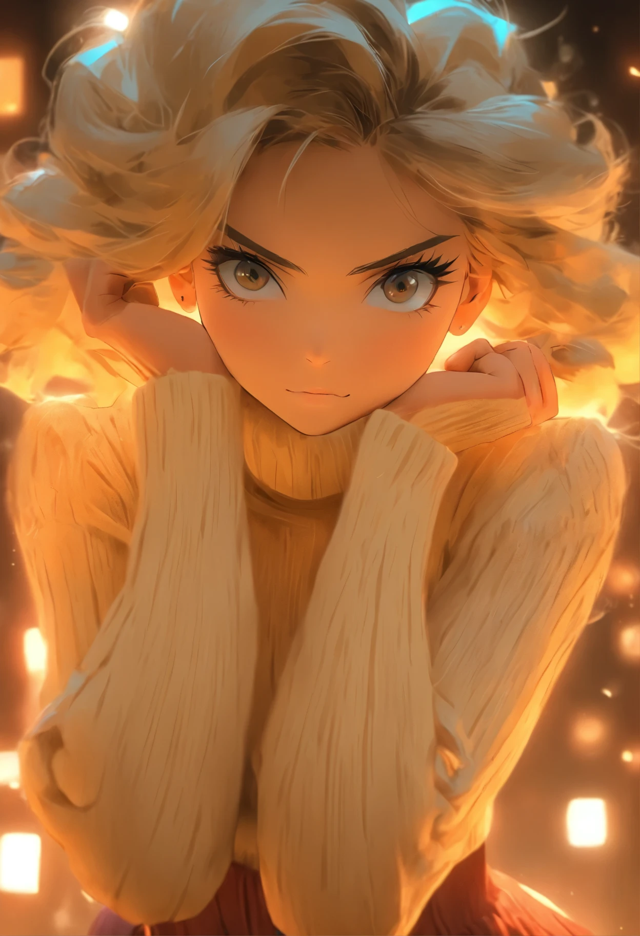(8k, masterpiece, best quality, Solitary, SFW), ((September Carino)), (portrait, turtleneck sweater, skirt), looking at camera, Eyeliner, Eyeshadow, Simple dark background,