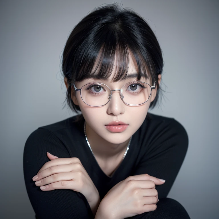 Highest quality,26 years old,woman,blunt bangs,Black Hair,Straight short hair style,((Glasses with silver frames)),With big eyes、Deep blue,Bright、Has a lively expression,Healthy and bright skin tone,Small mouth,Thick lips,The thighs are a little thicker,Looking at the camera,Cinema Lighting,Face enlargement