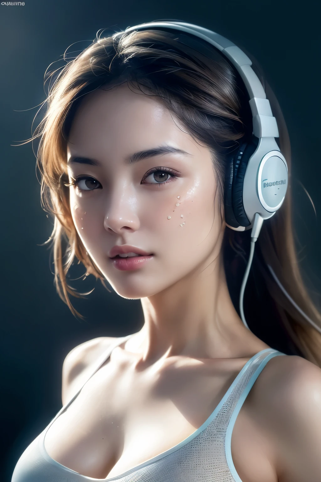 Wear, (photo Practical:1.4), (hyper Practical:1.4), (Practical:1.3), (Smoother lighting:1.05), (Improve movie lighting quality:0.9), 32k, 1 Girl,20 year old girl, Practical lighting, Backlight, There is light on the face, Ray Tracing, (Bright Lights:1.2), (quality improvement:1.4), (Highest quality real texture skin:1.4), Delicate eyes, Delicate face, Exquisite eyes, (Tired, sleepy and satisfied:0.0), Close-up of face, t-shirt, Listen to music with headphones, (Increase body line emotions:1.1), (Enhance Skin Texture Beauty:1.1)