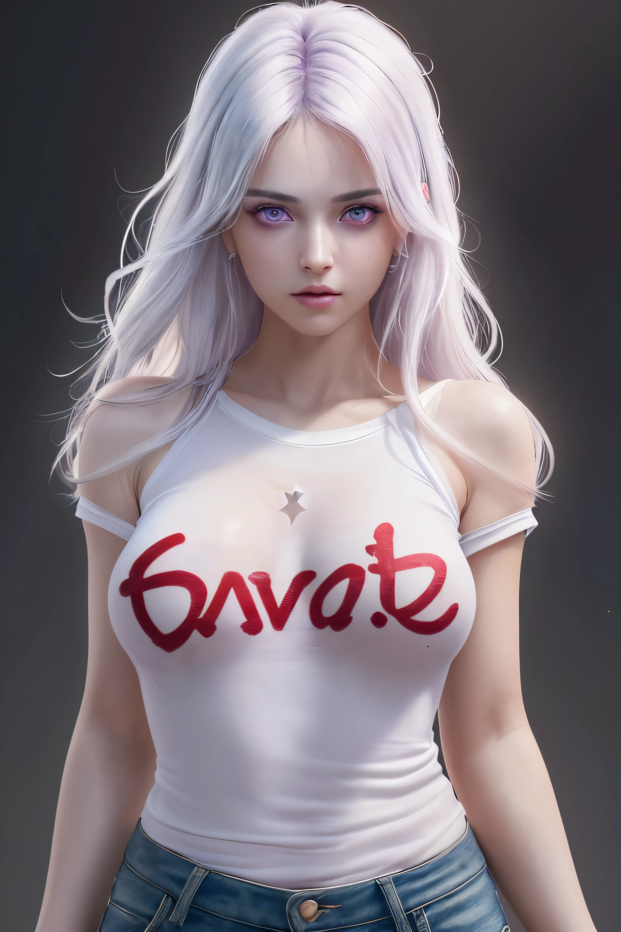1 Girl, Medium Tits, Starry Eyes, (8k, RAW Photo, High Sensitivity, Best Quality, Masterpiece, Ultra High Resolution, Realism: 1.25), Blush, (Very Detailed CG Unity 8k Wallpaper, Best Quality, High Resolution: 1.2), (ultra_detailed, UHD: 1.2), Perfect Lighting, Unique, (1 Girl: 1.4), (Pretty Girl: 1.2), Unreal Engine, Side Light, White Hair, Purple Eyes, Perfect Face, Detailed Face, Perfect Body, Beautiful Eyes, Beautiful Face, (Bright Skin: 1.4), Idol, (Full Body), Red T-shirt, Transparent,