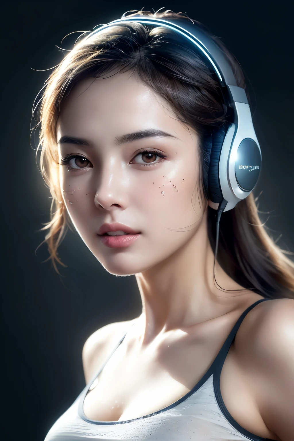 Wear, (photo Practical:1.4), (hyper Practical:1.4), (Practical:1.3), (Smoother lighting:1.05), (Improve movie lighting quality:0.9), 32k, 1 Girl,20 year old girl, Practical lighting, Backlight, There is light on the face, Ray Tracing, (Bright Lights:1.2), (quality improvement:1.4), (Highest quality real texture skin:1.4), Delicate eyes, Delicate face, Exquisite eyes, (Tired, sleepy and satisfied:0.0), Close-up of face, t-shirt, Listen to music with headphones, (Increase body line emotions:1.1), (Enhance Skin Texture Beauty:1.1)