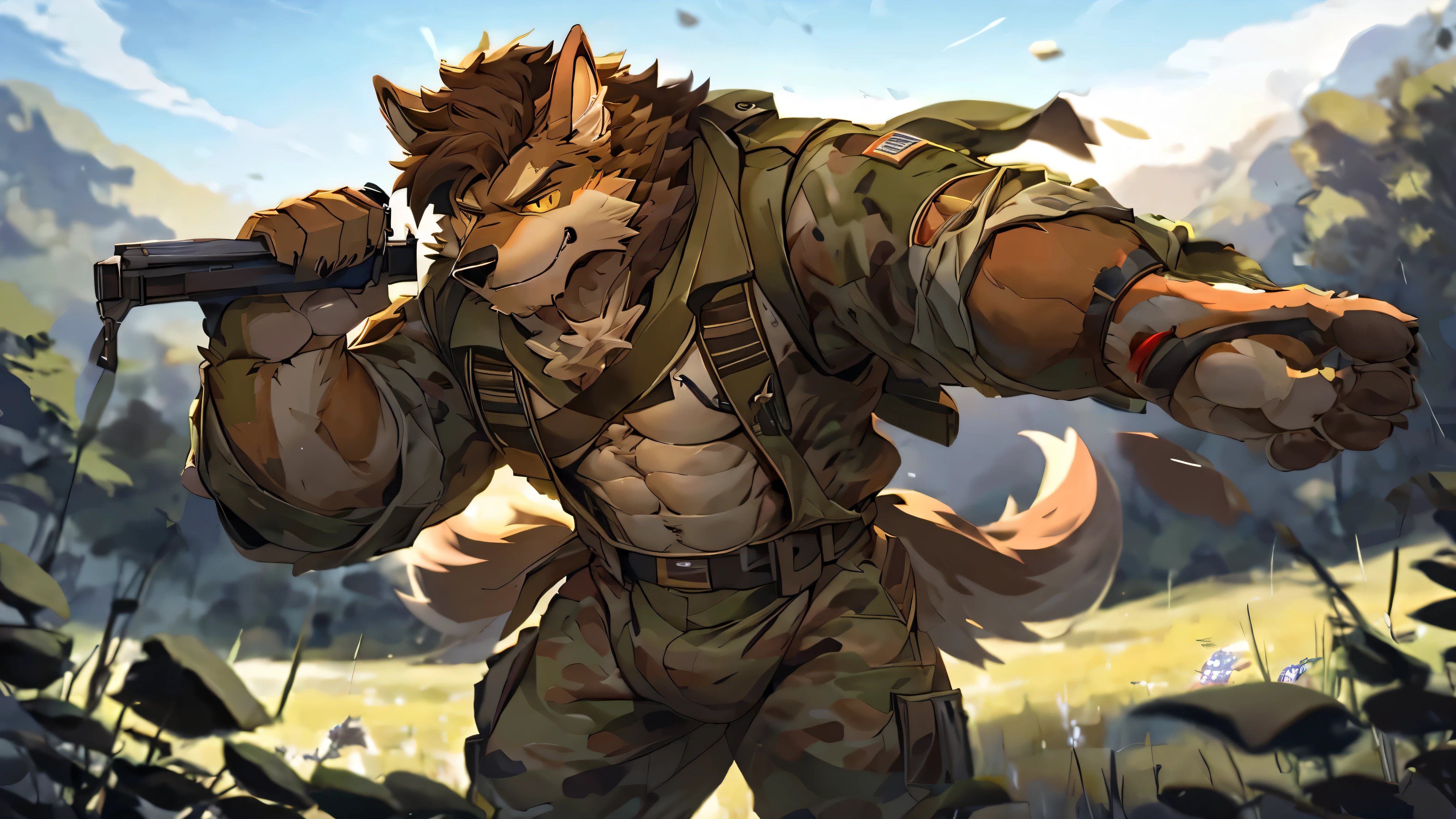 A dog furry ，training in the field, yellow eyes, brown hair, handsome figure, eight pack abs，CG,military uniform