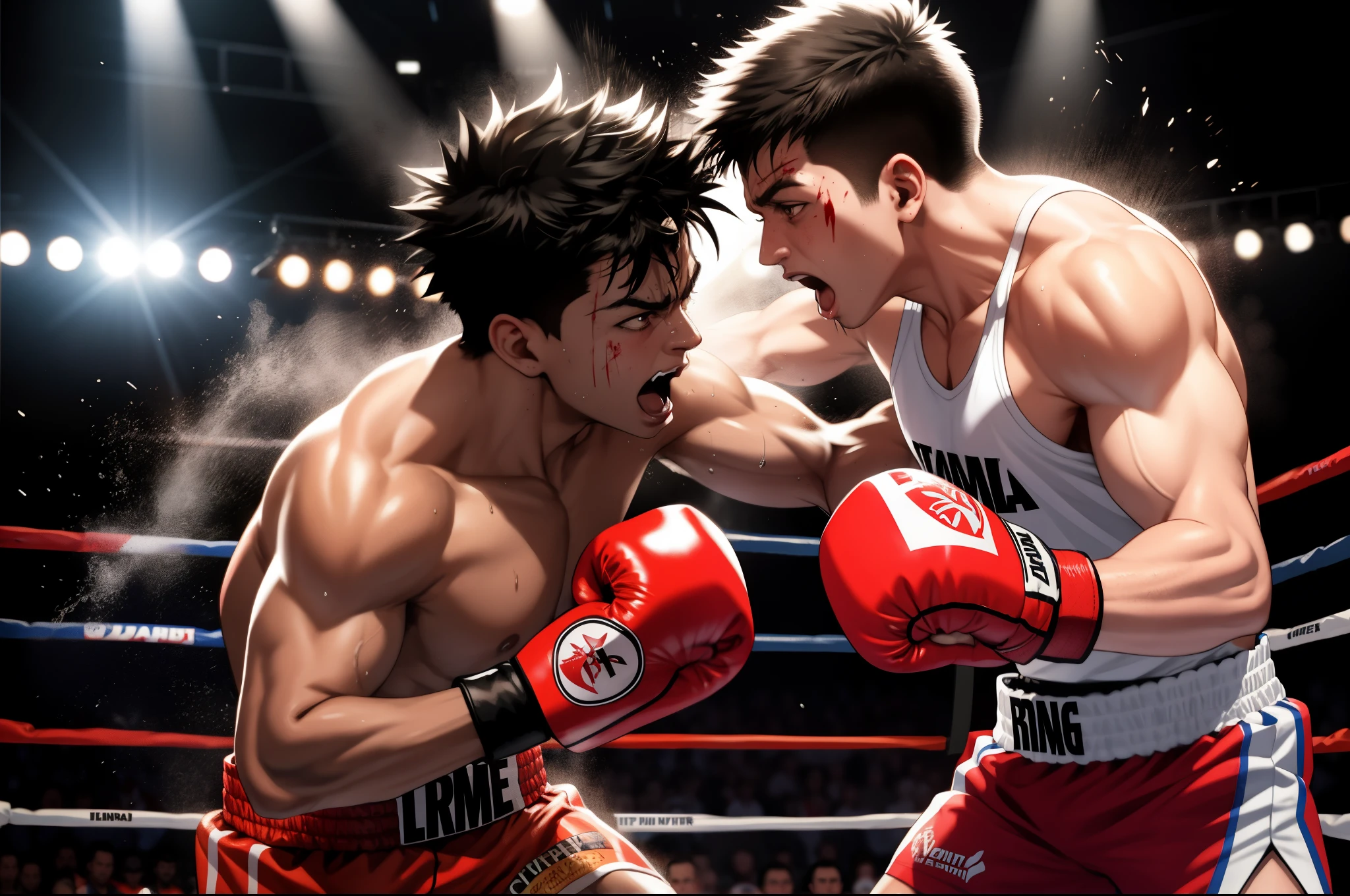 violent punching pose,skilled boxer,high-impact punches,knockout blow,strenuous training,aggressive expression,sweat flying,rippling muscles,facial contortion,boxing ring,blood and sweat,boxing gloves,dedication and determination,(close-up of clenched fist),(high energy),gritty atmosphere,dramatic lighting,slow-motion effect,powerful impact,action-packed scene,adrenaline rush,fighting spirit,raw intensity,fearless determination,(dynamic angles),powerful physique,precision and speed,audience cheering and shouting,moment of victory,ring announcer raising winner's hand,celebration of triumph,colorful spotlights,fist in mid-air,feel the energy and power,achievement and triumph,battle of strength and skill