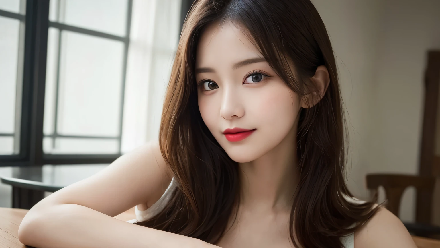 on the table, best quality, shape, Super detailed, Finely, high resolution, 8k wallpaper, 完璧なダイナミックな構shape, Beautiful and delicate eyes, Medium Length Hair, Small Breasts, Natural lipstick, Casual sexy pose,Smile,20 year old girl、midnight、Beautiful and detailed face、Perfect beautiful face,big eyes、original photo、Use the whole body to express female posture、Beautiful and delicate eyes、Small face、Beautiful duplex、Facelift and style,skirt、Beautiful golden ratio face,Long hair