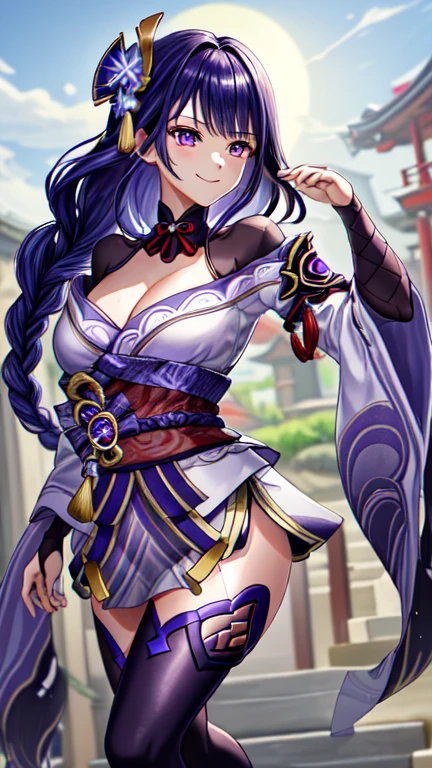 ((Masterpiece)), ((HD,)), ((aesthetic)), 《Raiden Shogun》, 《Genshin Impact》, cute face, blushing, smile, sexy pose, full body potrait, nice ass, nice breast, medium breast