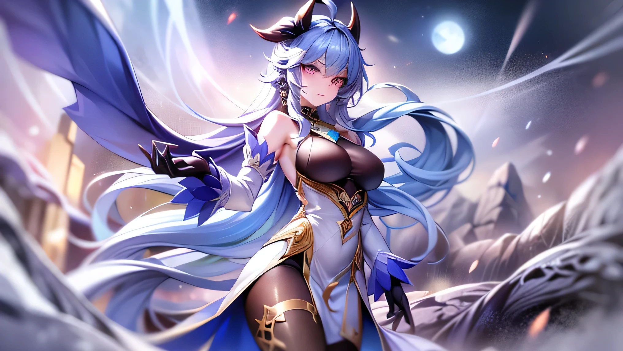 ((masterpiece、8k、Tabletop、RAW Photos、wonderful、最high quality、Photorealistic and very detailed CG synthesis 8k wallpaper、high quality、Very detailed、Narrative poem、Particle Effects、Dynamic Effects、Written boundary depth、Cinematic Light、Lens flare、Ray Tracing、Tabletop、Realistic:1.4、超A high resolution:1.2、Realistic、Realistic)), Wonderful cleavage,,100 denier tights、One Girl, alone,Hired, Hired_Genshin Impact, Long legs、Thin legs、Perfect Style、Long Hair, Blue Hair, Purple eyes, Horn, Expose your shoulders, Neck bell, Glossy black pantyhose, Removable sleeves, Black gloves, Pelvic Curtain, Outdoor, Mountain, ice-flurry, ice-arrow, ice, crystallization, ice flower, magic, Dynamic pose, Has a bow weapon,(moon: 1.2), (moonlight: 1.1), Starry Sky, (Particles of light: 1.1), Thick Fog