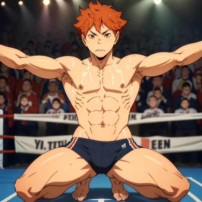 (Eine detaillierte Zeichnung von Hinata, male , Bodybuilding-Fitnessstudio.), With a naked torso, oiled body, Ripping clothes, the strongest of all, huge muscular body, big Bizeps, big shoulders, Muskelbeine,Abs, Barefoot, Kampfkunst, hoher Tritt, Full body image, seitliche Brust, Wrestling Kampf gewonnen , beserk